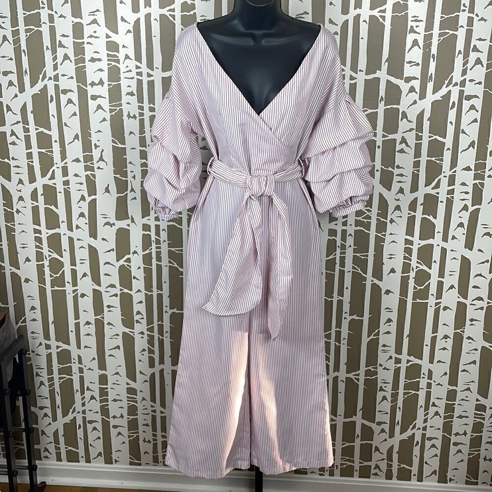 Red & White Striped Jumpsuit w Shirred Balloon Puff Sleeves sz S